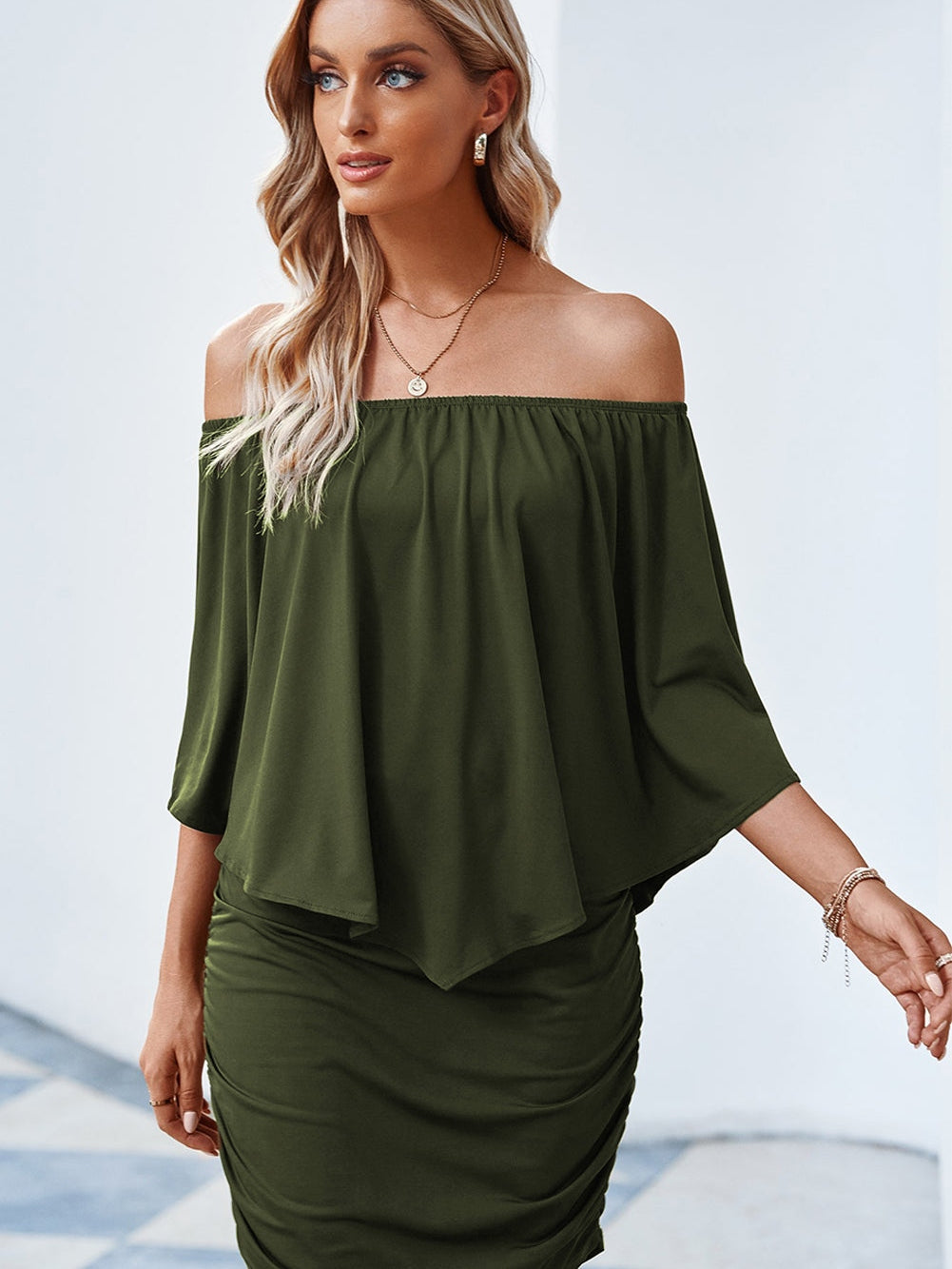 Layered Army Green Ruffle Poncho Mini Dress