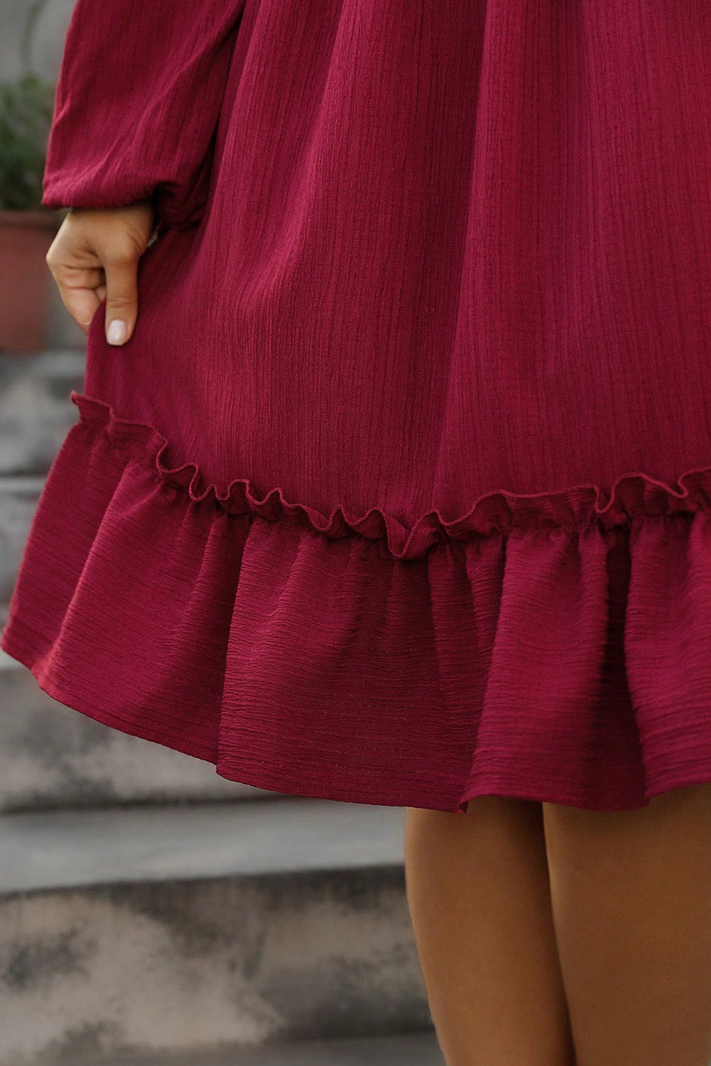 Red Dahlia Plus Size V Neck Shirred A-Line Long Sleeve Ruffle Hem Midi Dress