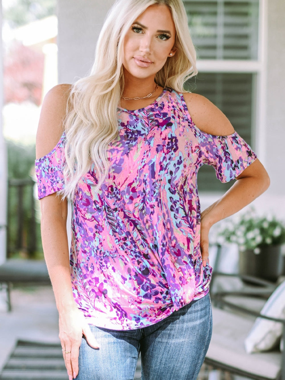 Lavender Blossom Cold Shoulder Floral Blouse