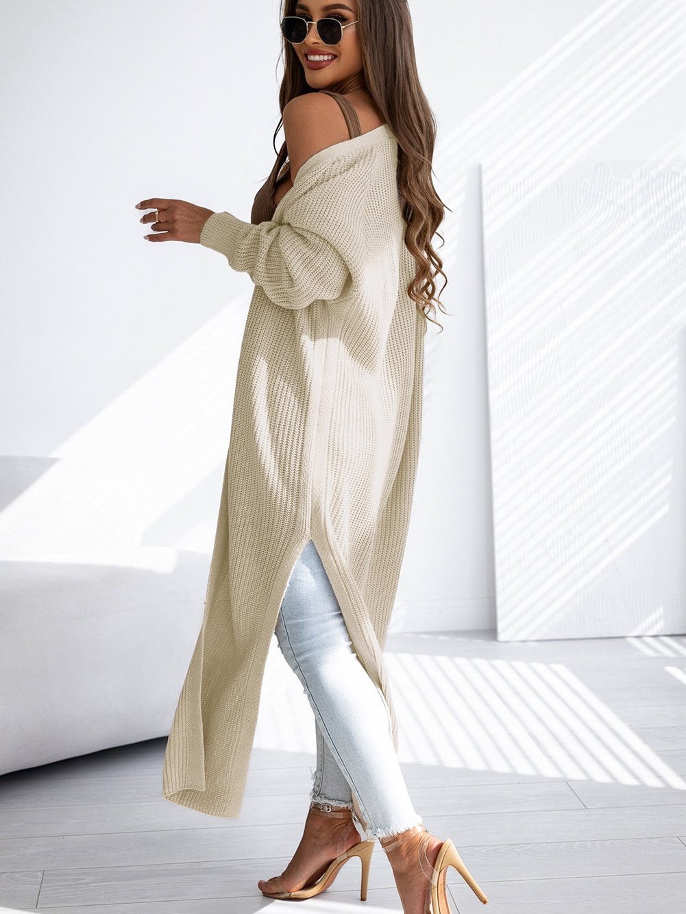 Solid Pocket Slit Long Sweater Cardigan
