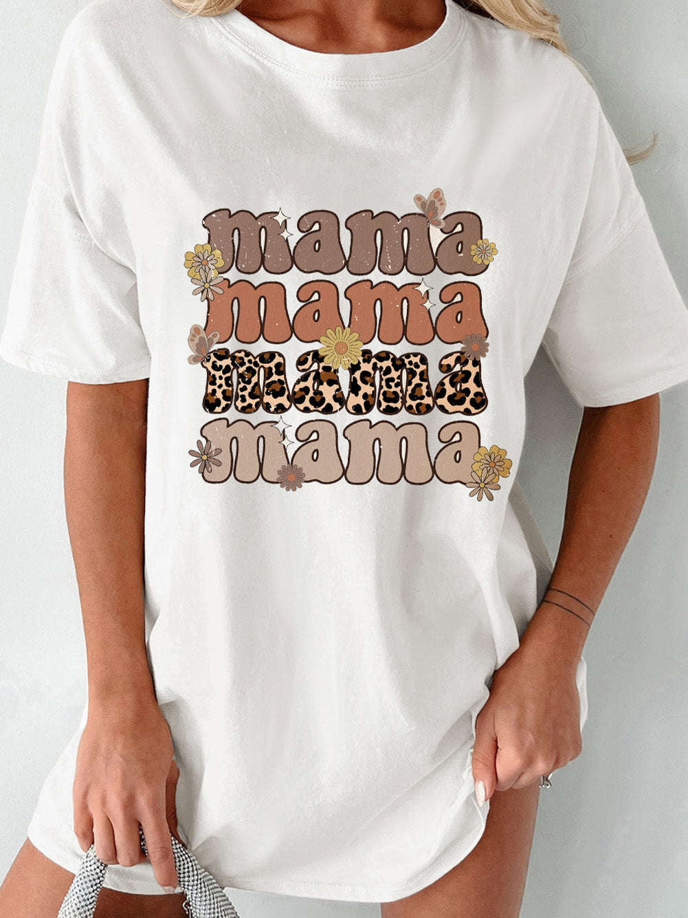 Leopard Mama Daisy Print White Crewneck Tee
