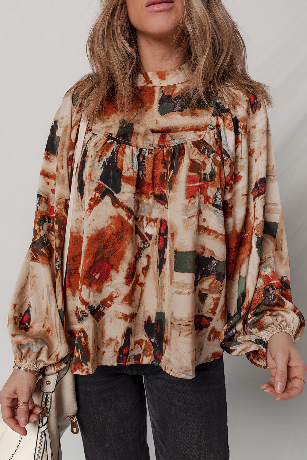 Multicolour Retro Abstract Print Zip Back Long Puff Sleeve Blouse