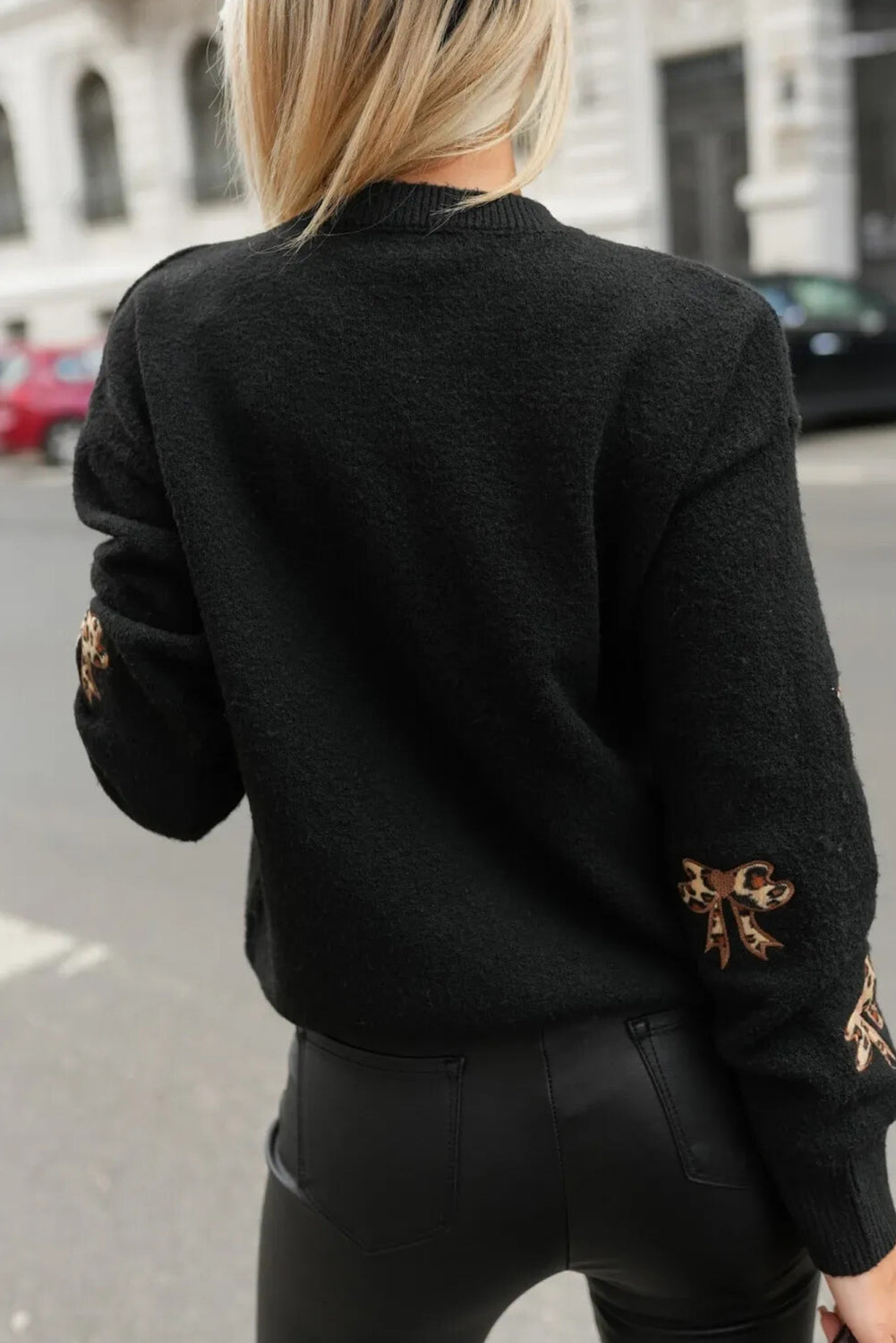 Black Leopard Bow Embroidered Drop Shoulder Sweater