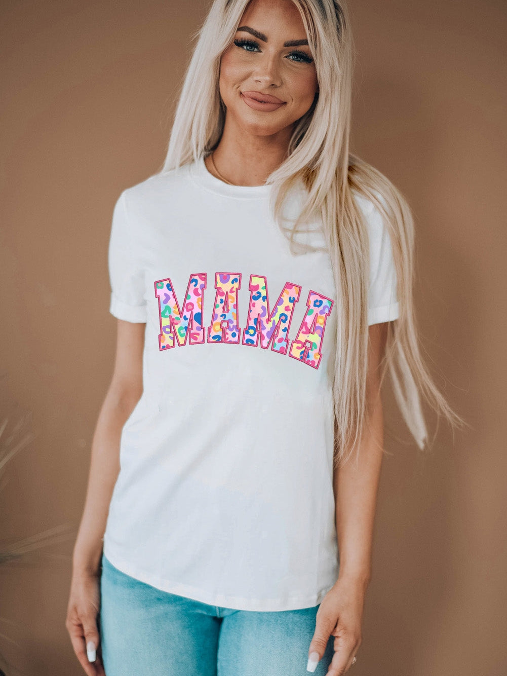 Leopard Embroidered White MAMA Graphic Tee