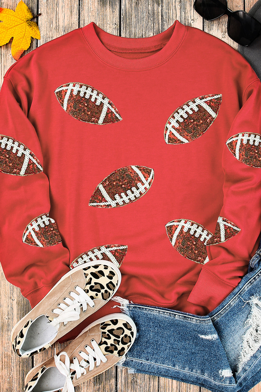 Fiery Crimson Sparkling Rugby Print Oversized Sweatshirt