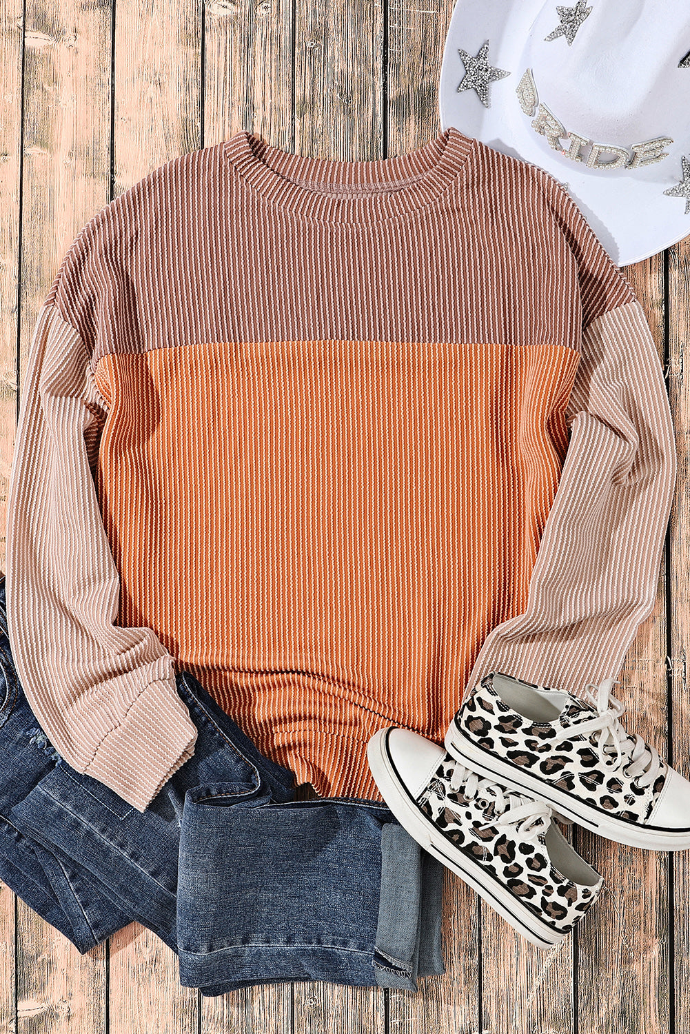 Khaki Color Block Ribbed Top with Long Sleeves
