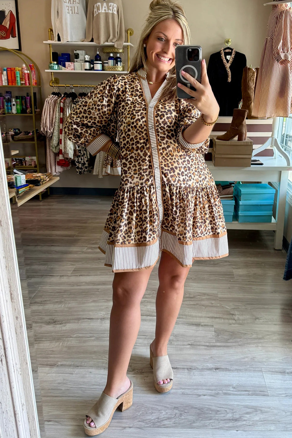 Khaki Leopard Print Striped Patchwork V Neck Button Front 3/4 Sleeve Mini Dress