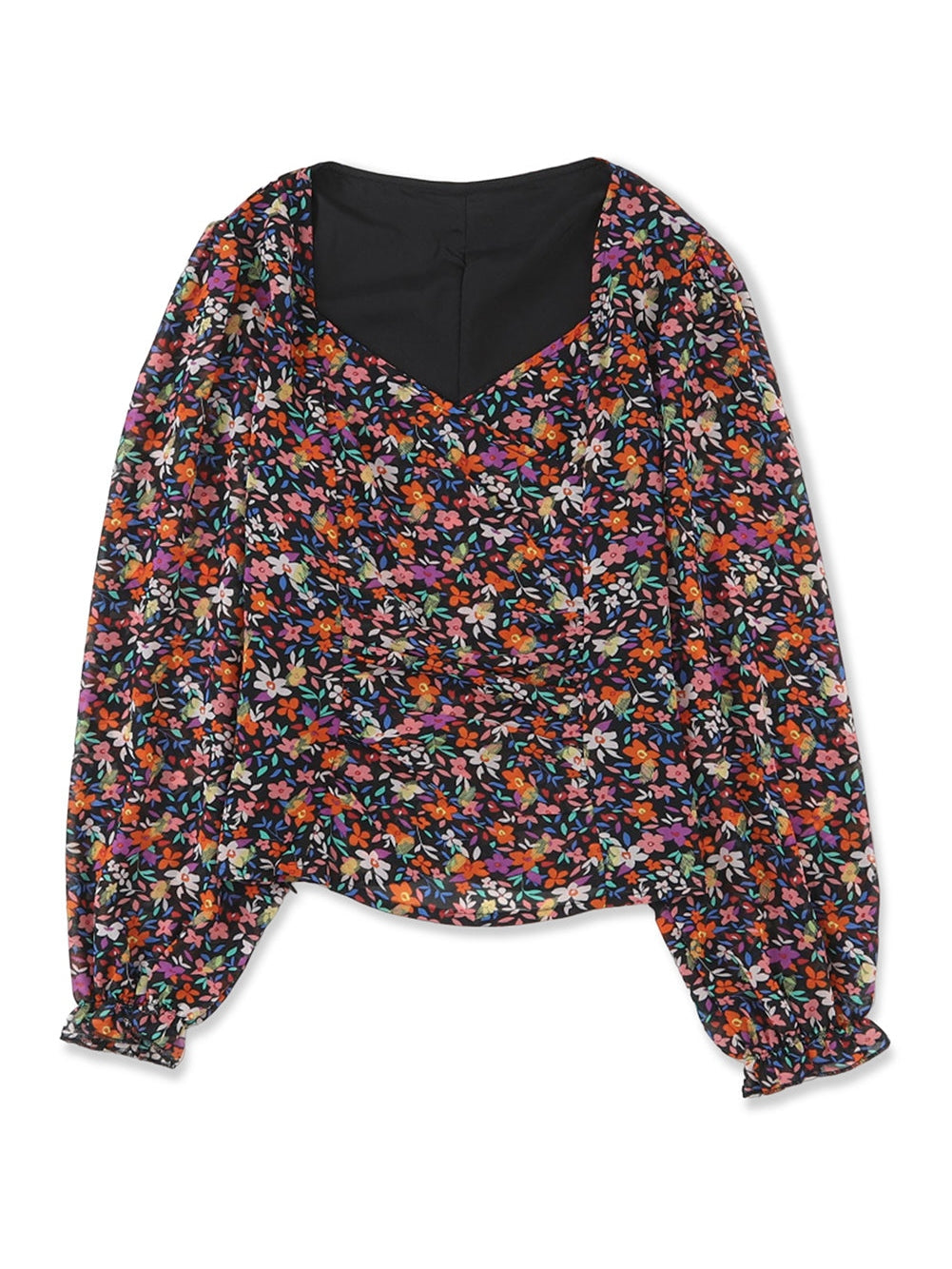 Elegant Black Floral Blouse with Bubble Sleeves