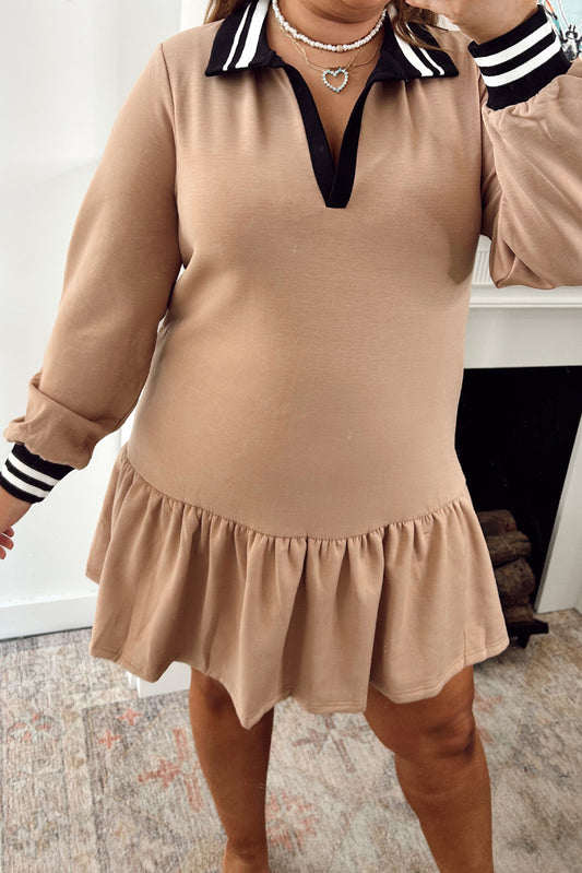 Pale Khaki Plus Size Contrast Cuffed Collar Patchwork Ruffle Hem Short Dress
