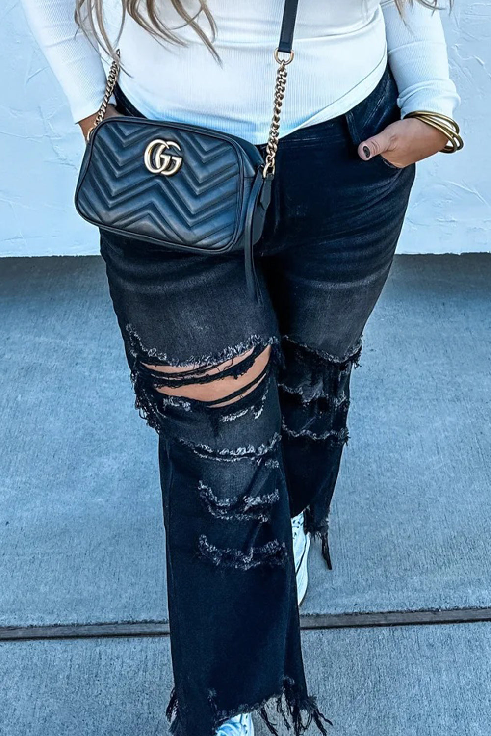 Black Asymmetric Distressed Raw Hem Cowgirl Jeans