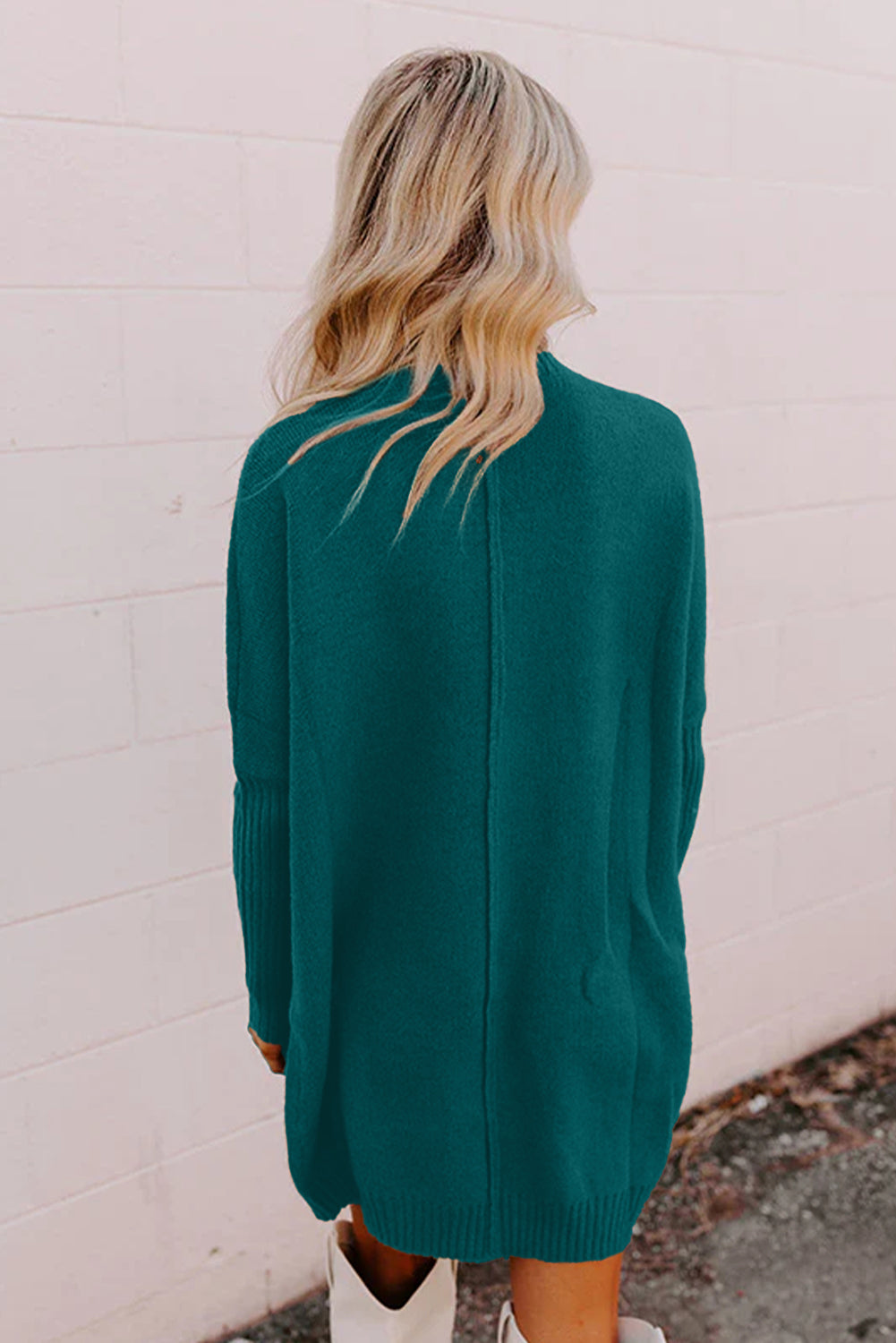 Skobeloff Ribbed High Neck Front Pockets Center Seam Shift Sweater Dress