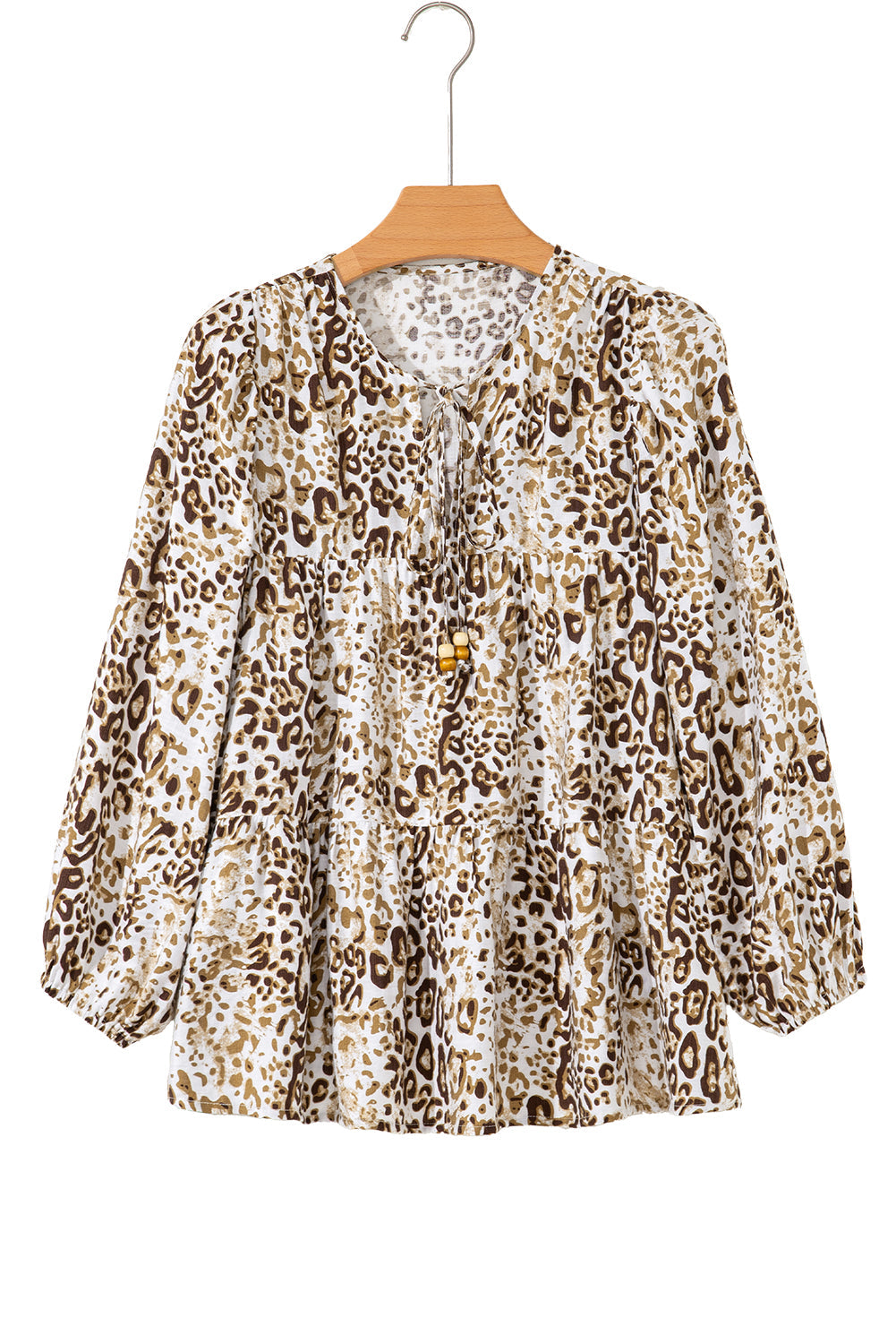 Khaki Leopard Print Long Sleeve Bead Tie V Neck Blouse
