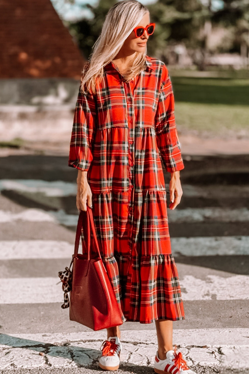 Red Plaid Long Sleeve Shirt Collar Button Down Ruffle Tiered Long Dress