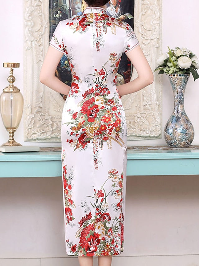 Women's Dress - Cheongsam Floral Mandarin Collar Chinoiserie Dress Long Dress Maxi Dress Light Pink Black Blue Short Sleeve Spring Summer Weekend S M L XL XXL 3XL 4XL 5XL 6XL