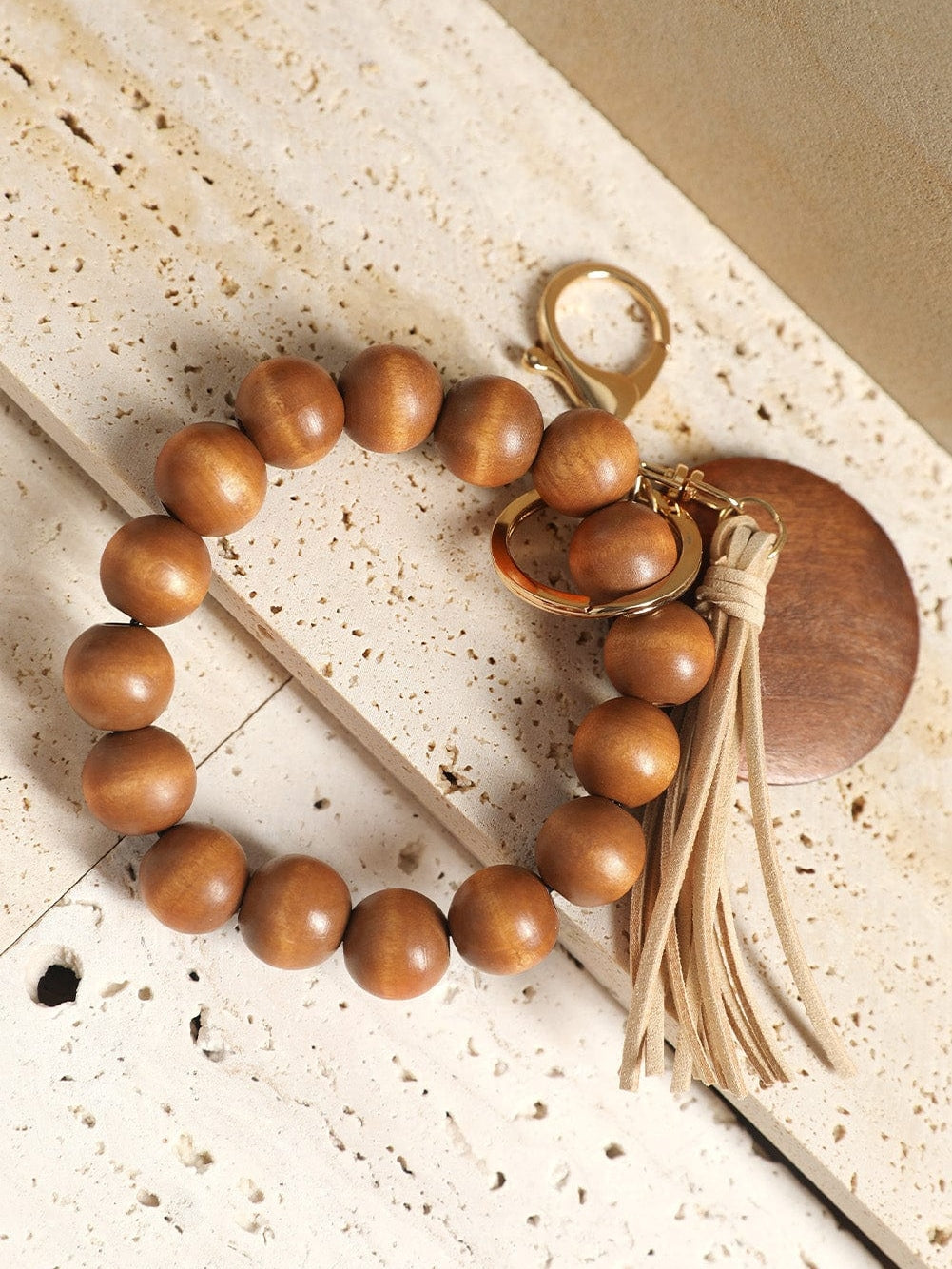 Earth Tone Wooden Beads and Tassel Keychain Bracelet