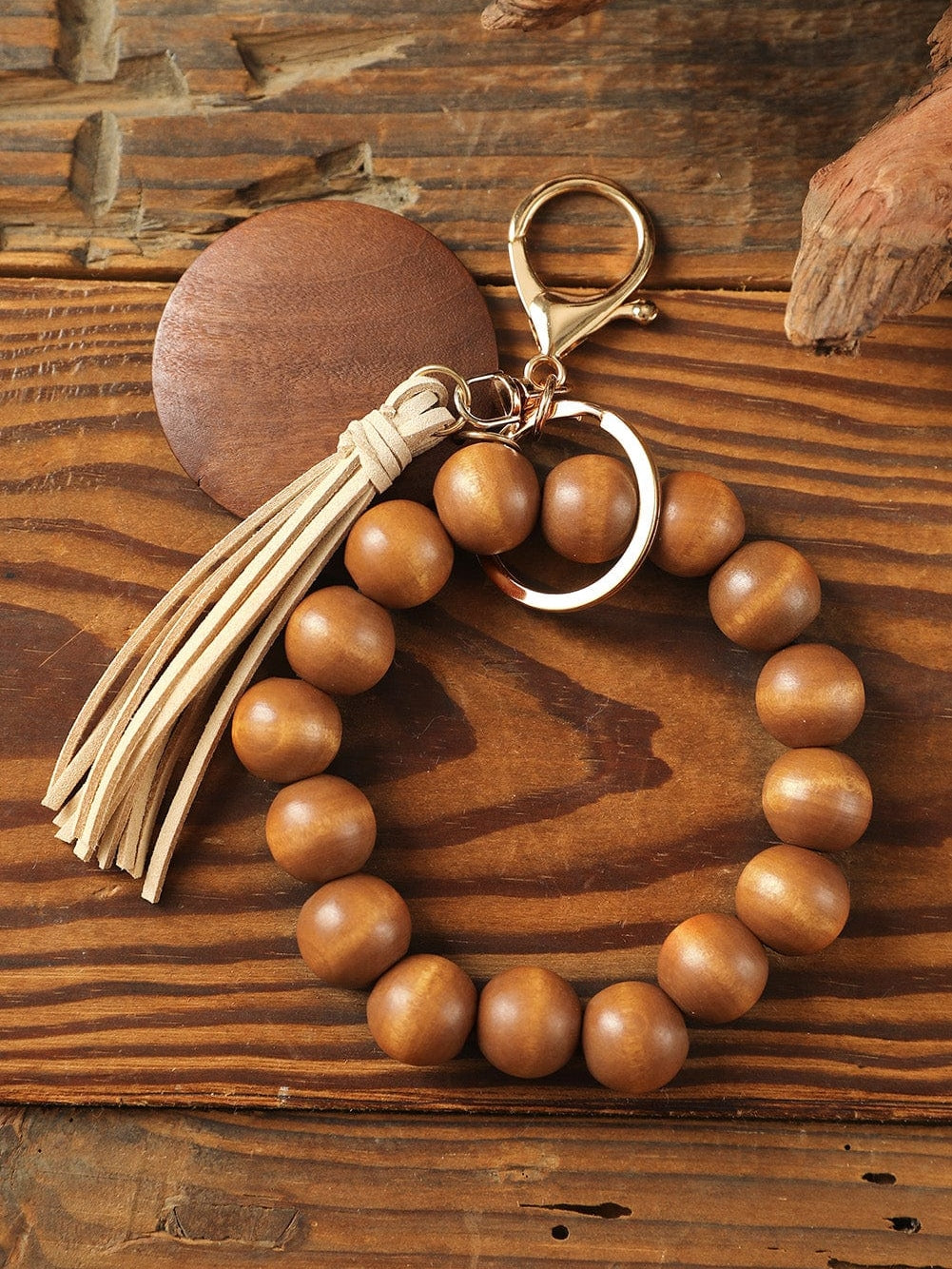 Earth Tone Wooden Beads and Tassel Keychain Bracelet