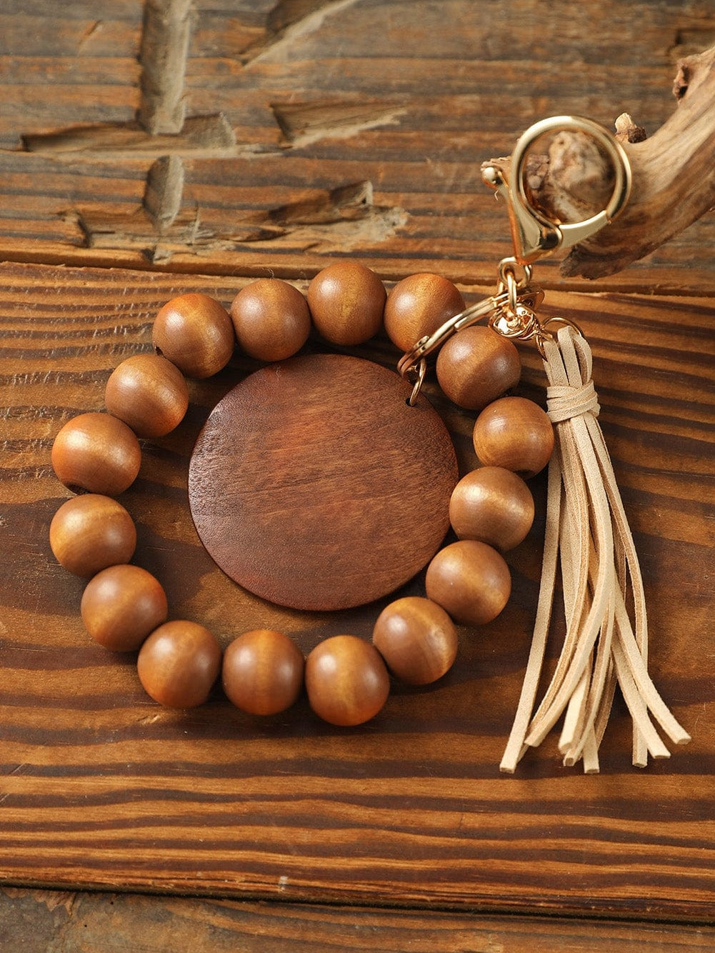 Earth Tone Wooden Beads and Tassel Keychain Bracelet
