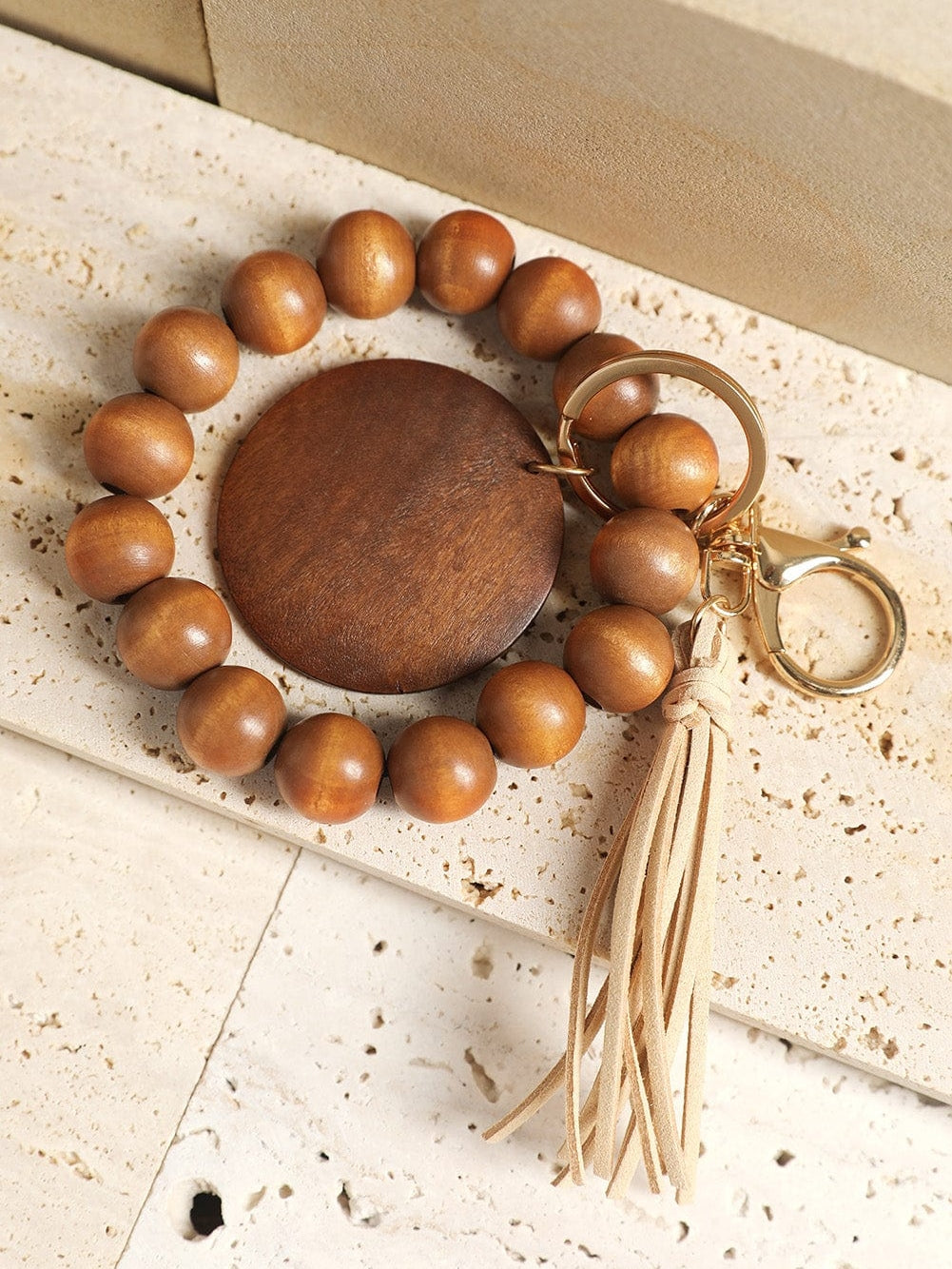 Earth Tone Wooden Beads and Tassel Keychain Bracelet