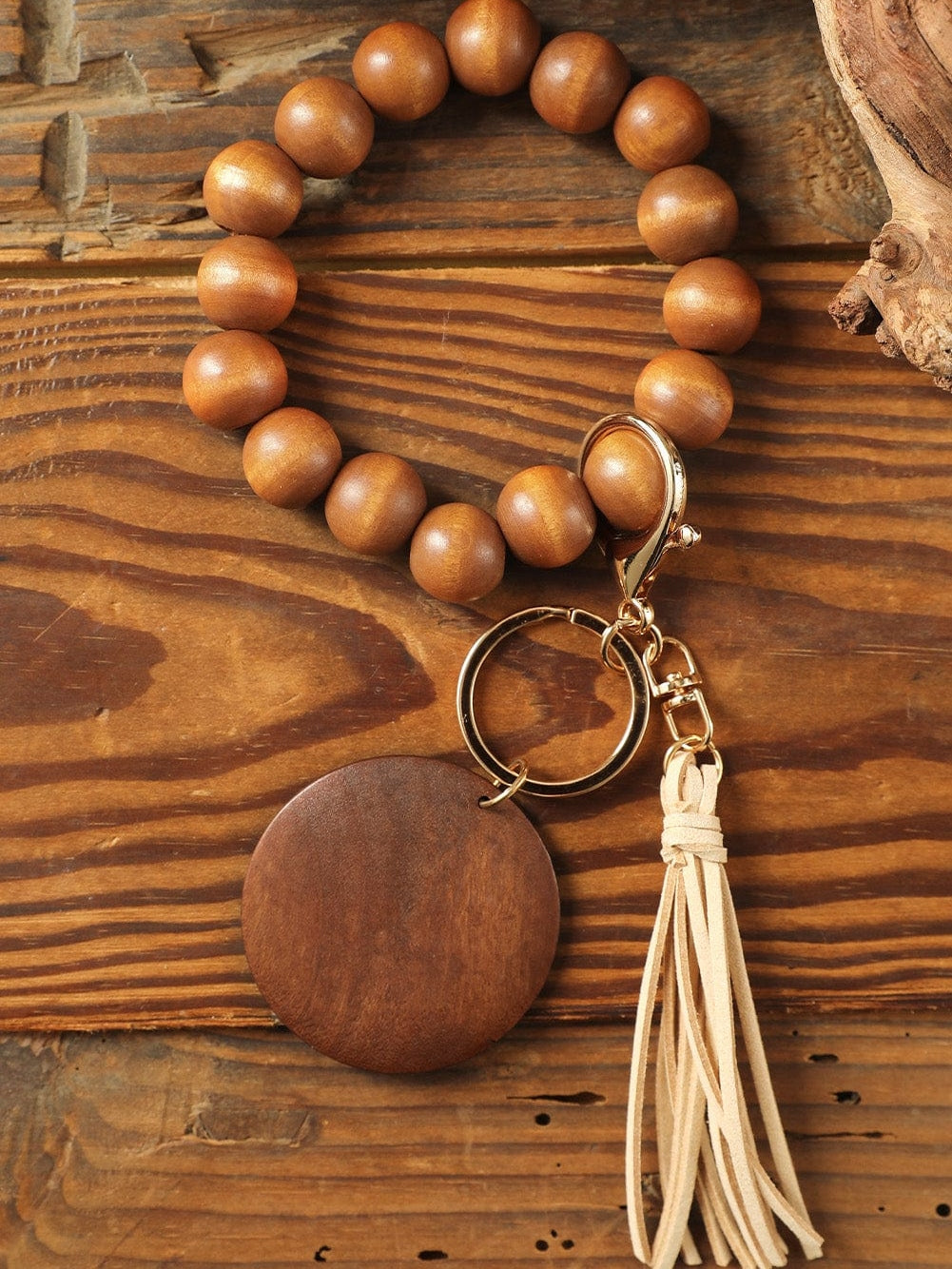 Earth Tone Wooden Beads and Tassel Keychain Bracelet