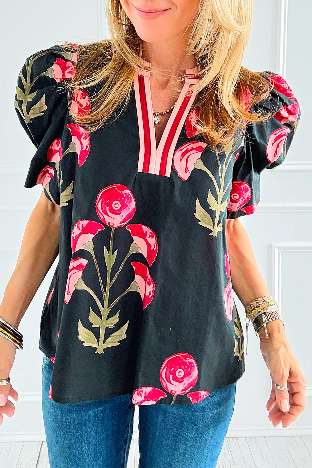 Black Floral Print Short Puff Sleeve Contrasted Striped V Neck Blouse