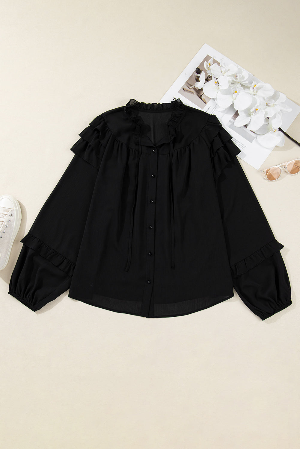 Black Ruffle Balloon Sleeve Chiffon Elegant Plus Size Shirt