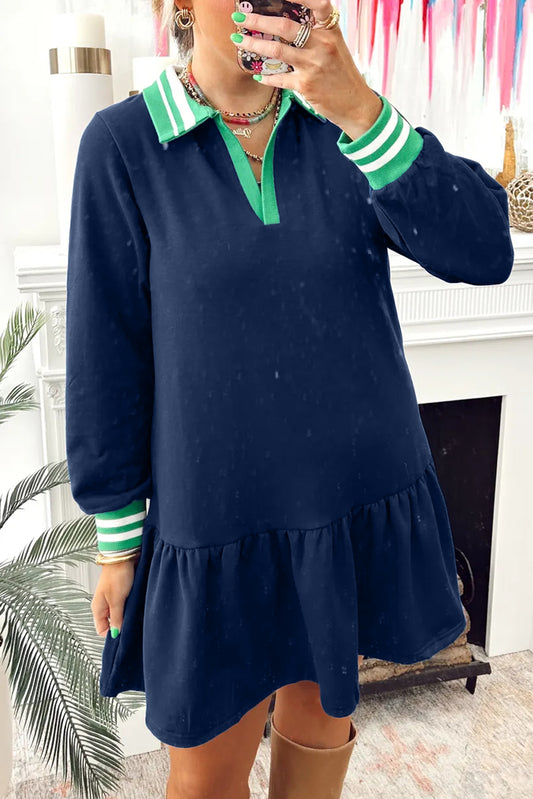Navy Blue Contrast Striped Cuffs Polo Collar Patchwork Long Sleeve Ruffle Hem Mini Dress
