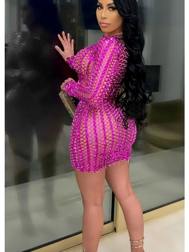 Women's Dress - Party Dress Holiday Dress Bodycon Mini Dress Silver Black Red Long Sleeve Pure Color Hollow Out Spring Fall Winter Crew Neck Fashion Winter Dress Fall Dress Spring Dress 2022 S M L XL XXL