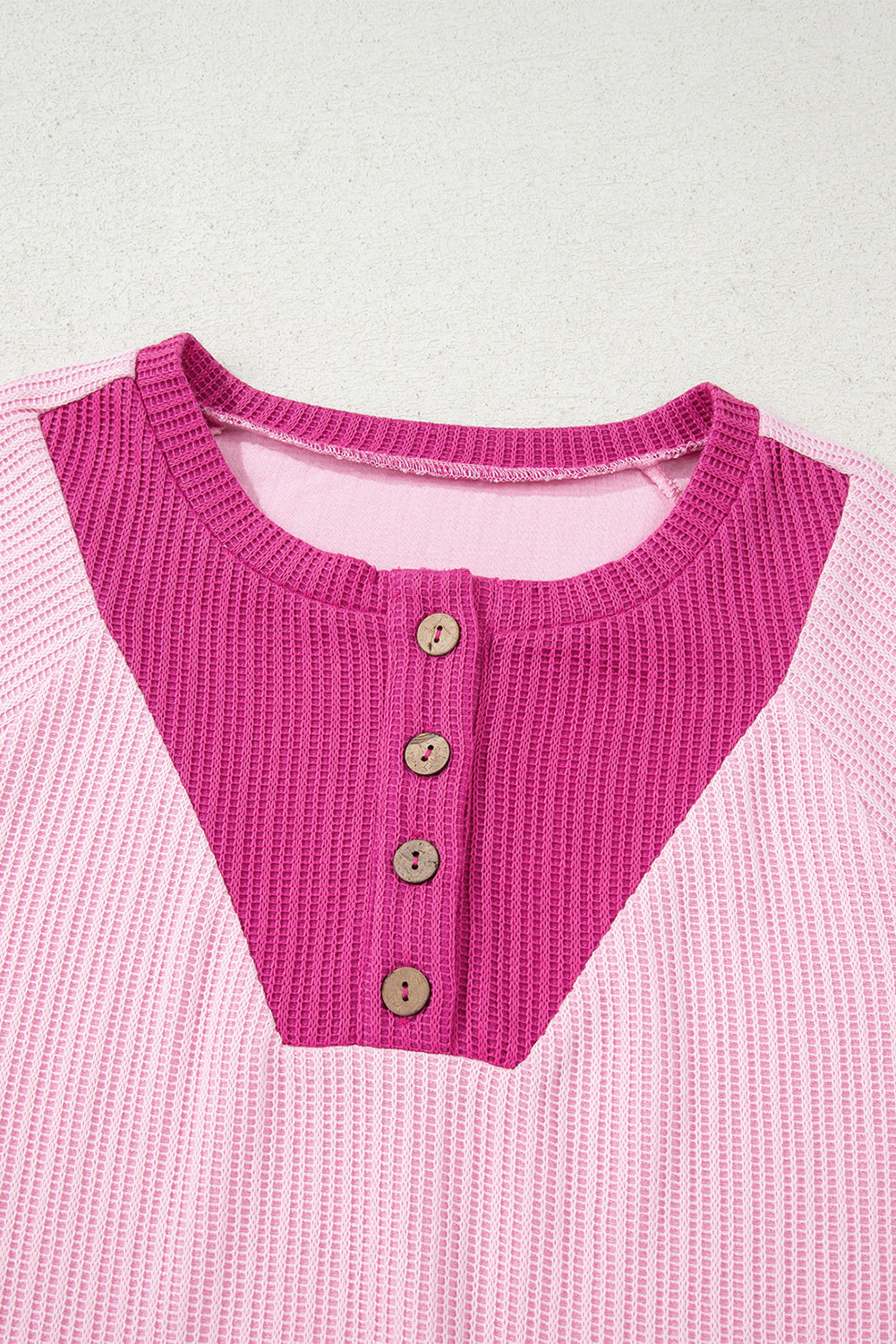 Pink Textured Knit Color Block Patchwork Button Neck Long Sleeve Top