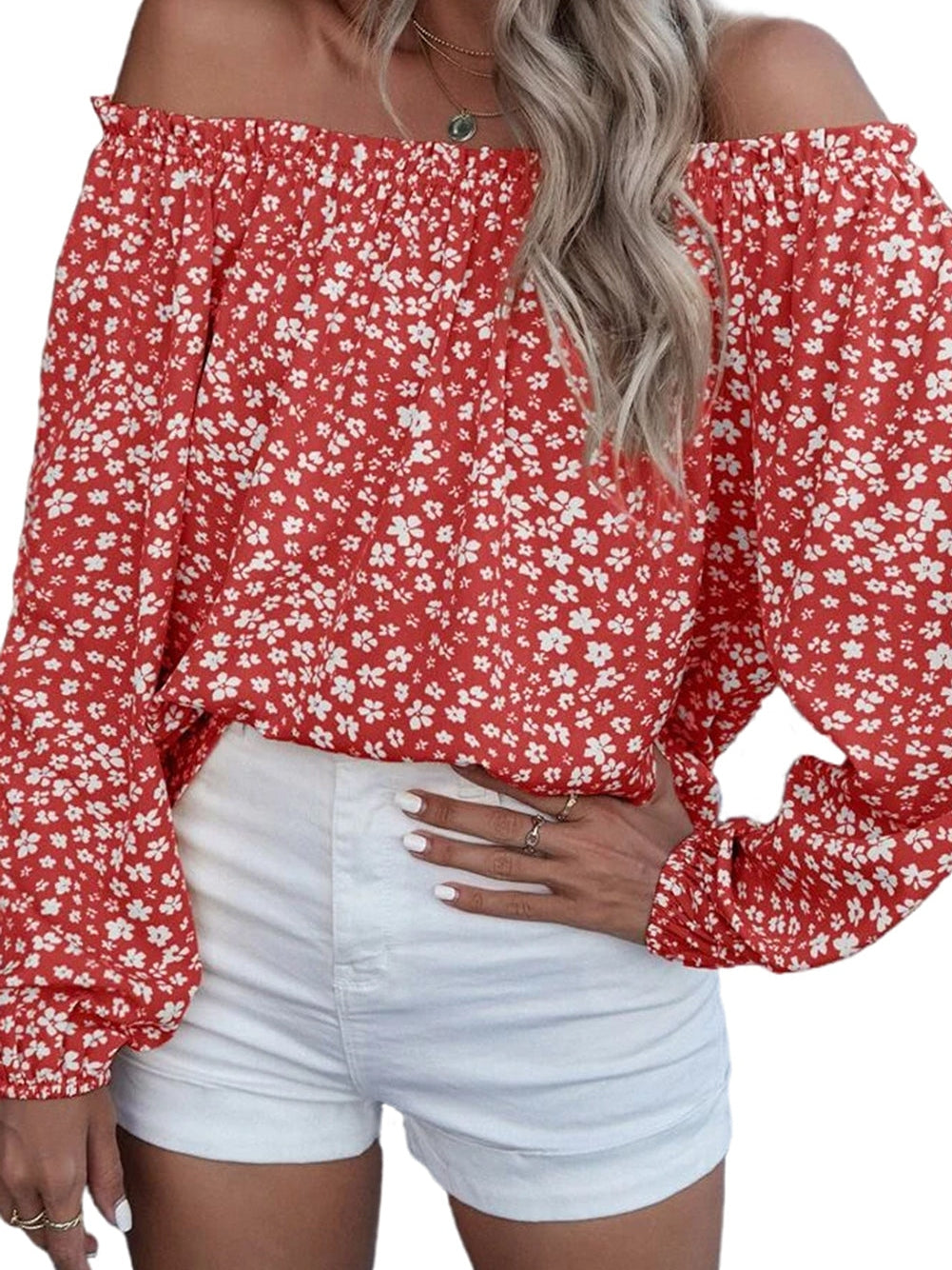 Floral Fire Red Off-Shoulder Blouse with Lantern Sleeves