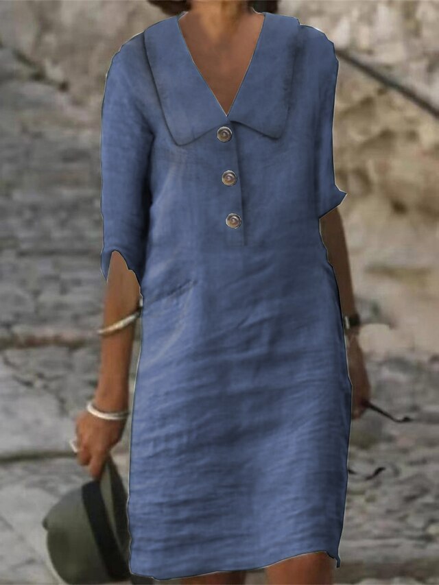 Women's Dress - Cotton Linen Dress Casual Dress Shift Dress Midi Dress Cotton Blend Fashion Modern Outdoor Daily Vacation Shirt Collar Button Half Sleeve Summer Spring 2023 Regular Fit White Blue Green Plain