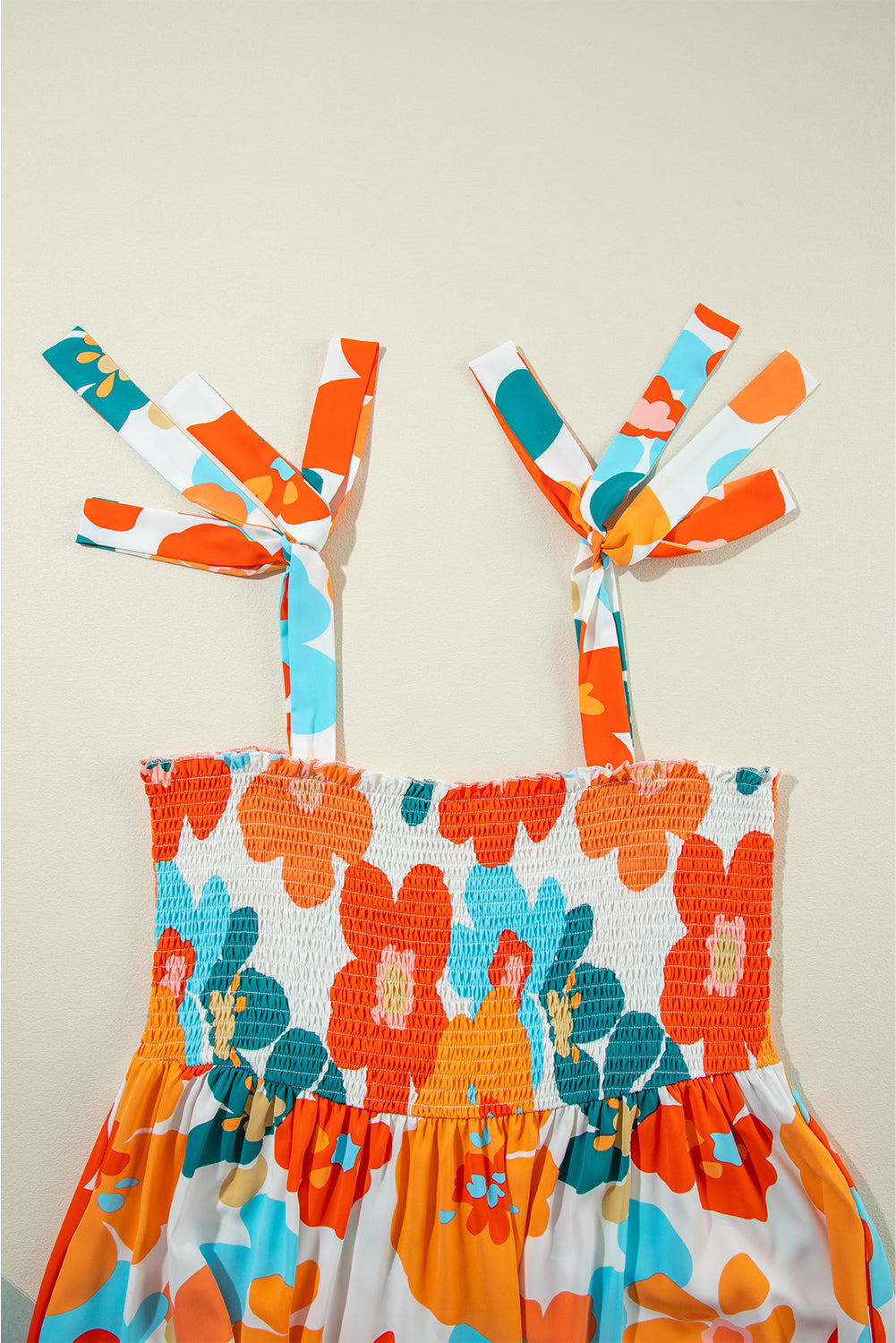 Smocked Floral Print Plus Size White Jumpsuit with Wide Leg