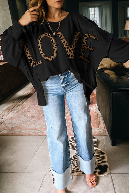 Black Oversize Leopard LOVE Patched Graphic Round Neck Casual Sweatshirt