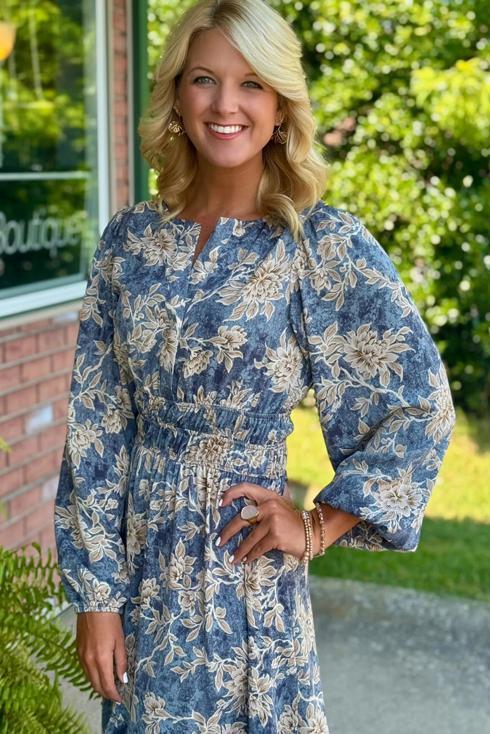 Sky Blue Floral Print Smocked High Waist Long Sleeve Maxi Dress