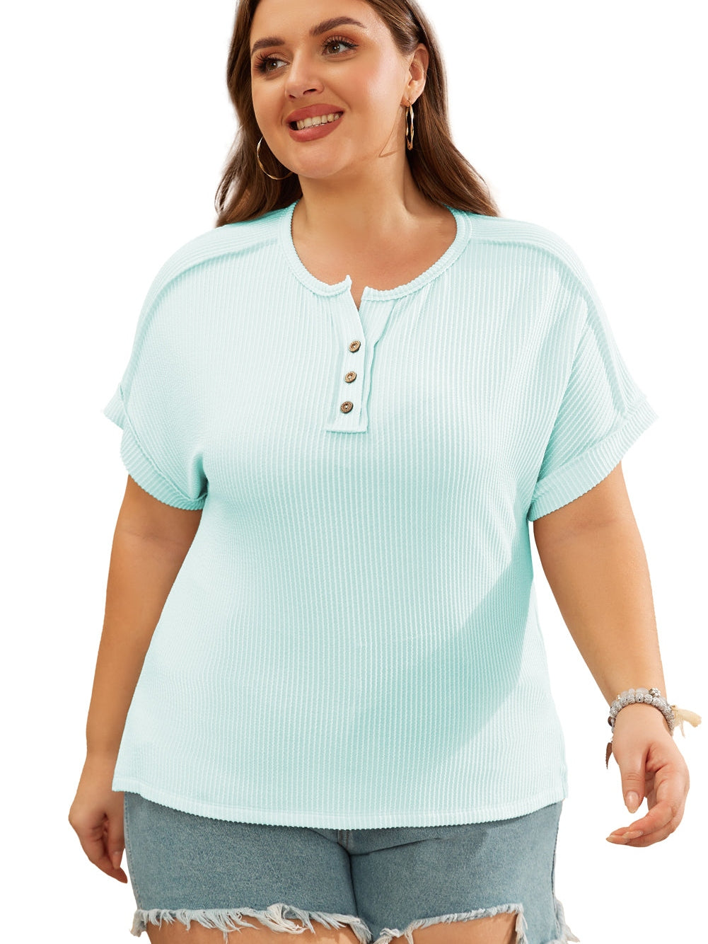 Blue Ribbed Henley Shift Tee for Plus Size Women