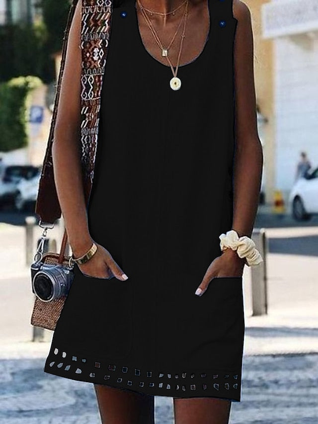 Women's Dress - Cotton Linen Dress Casual Dress Shift Dress Mini Dress Cotton Modern Casual Daily Vacation U Neck Hollow Out Button Sleeveless Summer Spring 2023 Loose Fit Black White Yellow Pure Color S M L