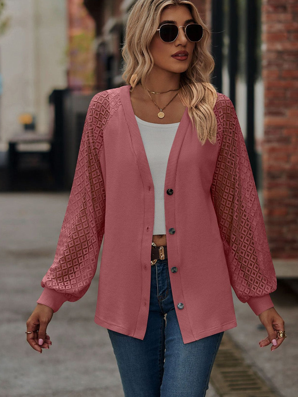 Lacy Waffle Knit Button-Up Cardigan with Long Sleeves