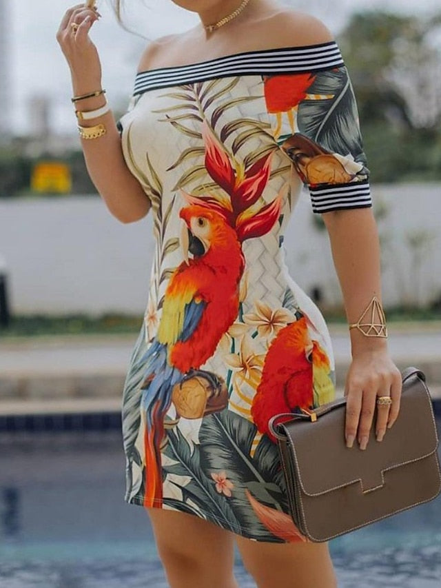 Women's Dress - Sheath Dress Mini Dress Navy Black White Short Sleeve Print Print Summer Spring Off Shoulder Stylish 2023 S M L XL