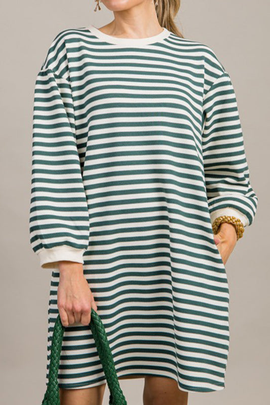 Green Stripe Puffy Bracelet Sleeve Shift Mini T Shirt Dress