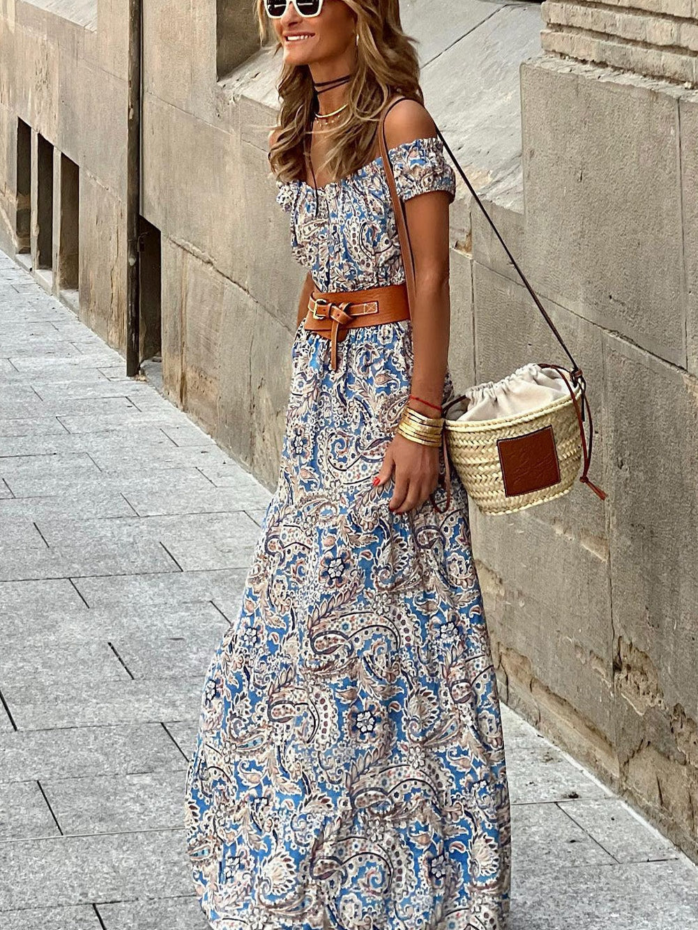 Printed V-Neck Off-Shoulder Short Sleeve Dress