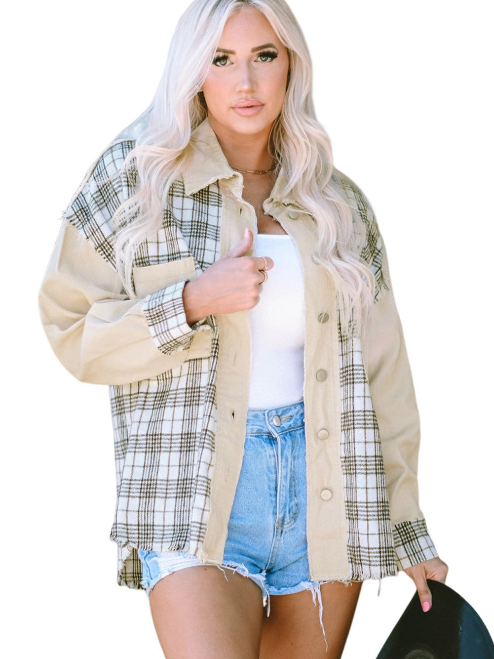 Khaki Plaid Patchwork Denim Shacket - Distressed Edges