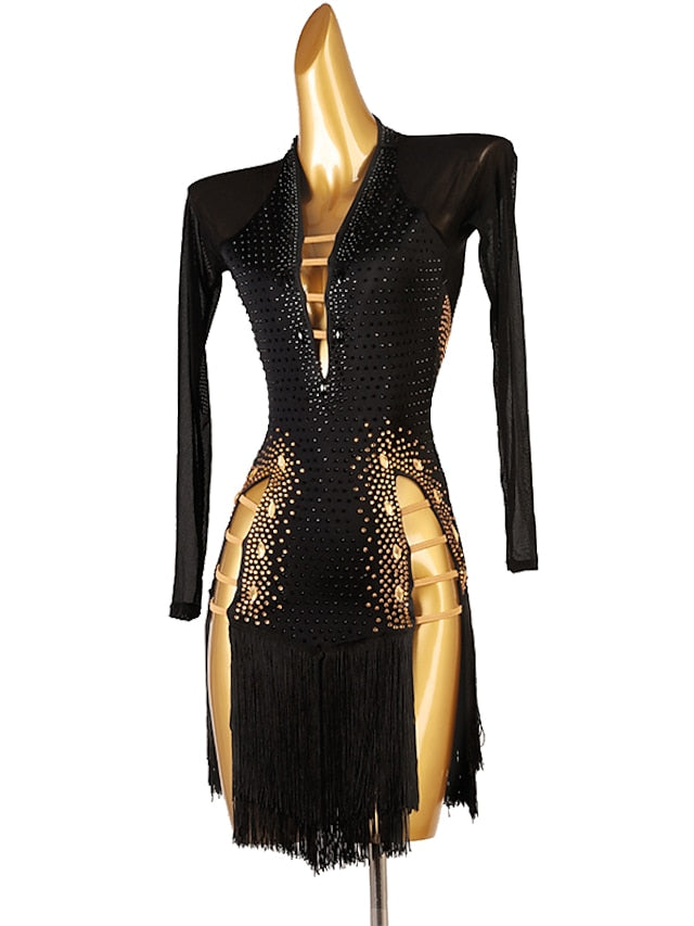 Latin Dance Dress Tassel Crystals / Rhinestones Women's Performance Long Sleeve Chinlon Mesh - LuckyFash™