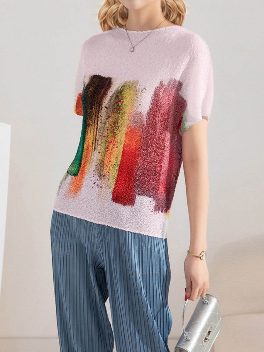 T-Shirts - Embroidered Stretch Print Loose T-Shirt - MsDressly