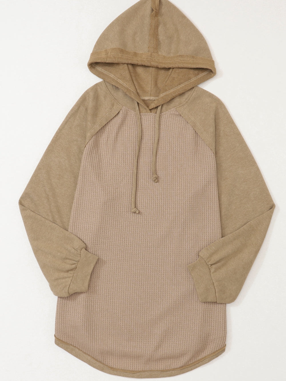 Khaki Exposed Seam Waffle Knit Hoodie with Adjustable Drawstring