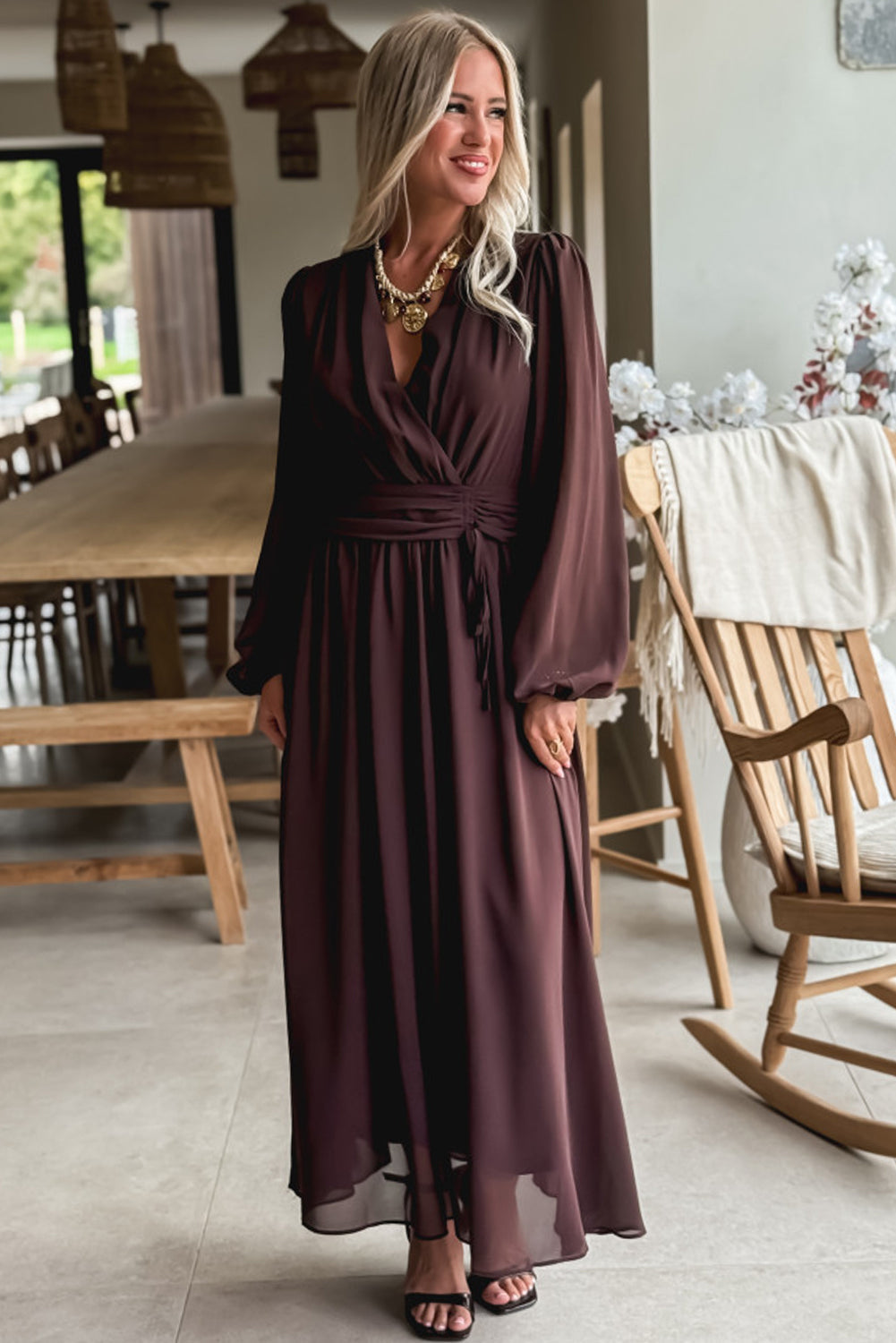 Dark Brown Solid Color Long Sleeve V Neck Pleated High Waist Maxi Dress