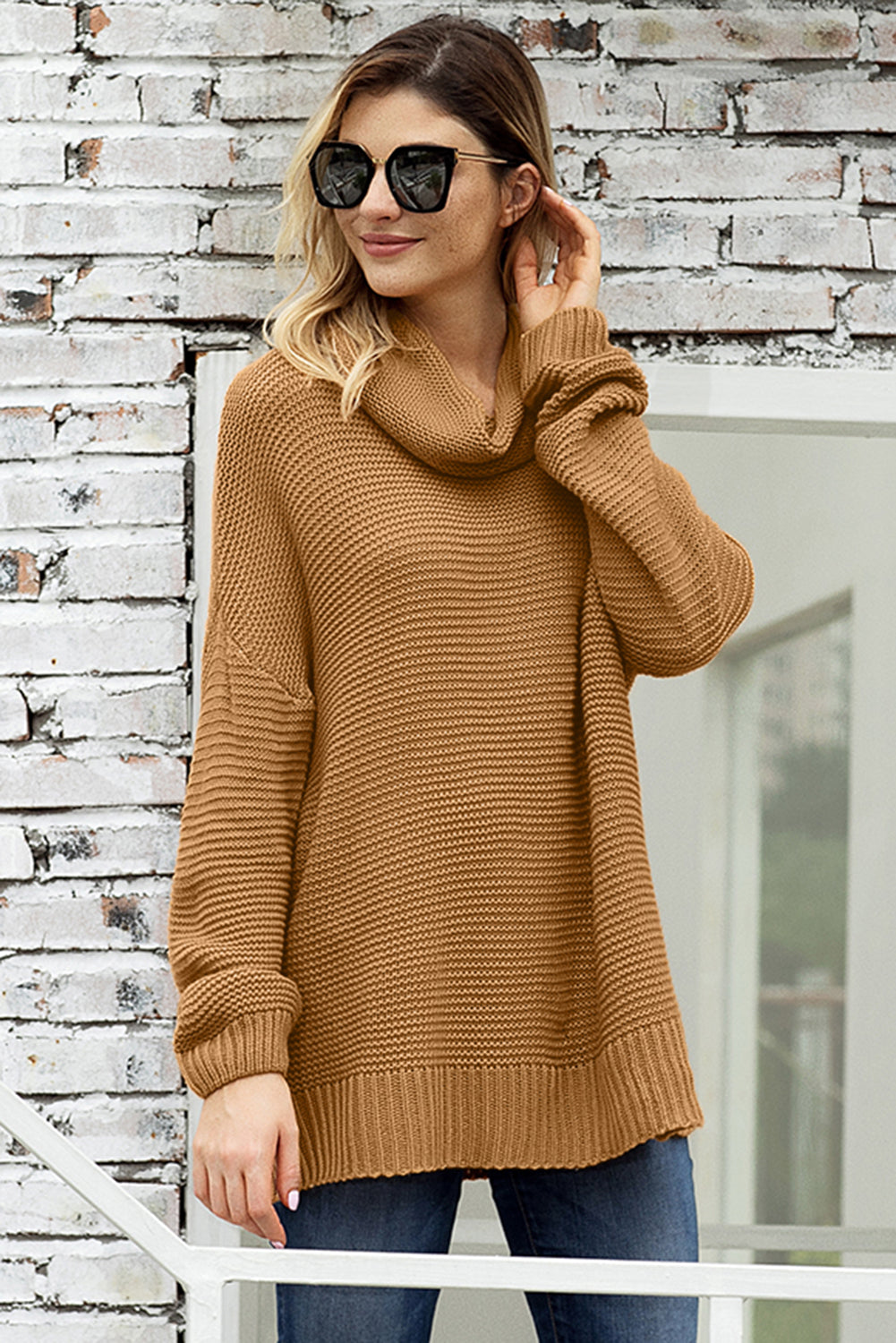 Khaki Warm and Cozy Turtleneck Sweater with Long Sleeves