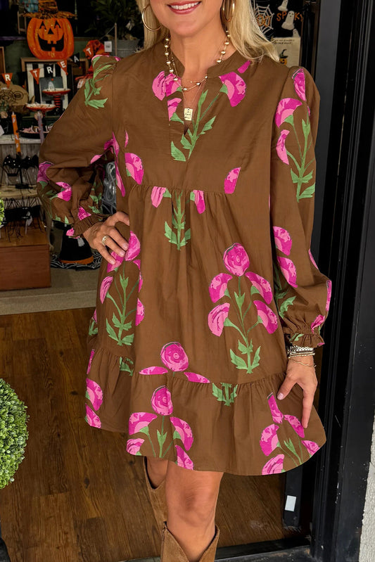 Brown Contrast Floral Print Ruffled Hem Puff Sleeve Dress