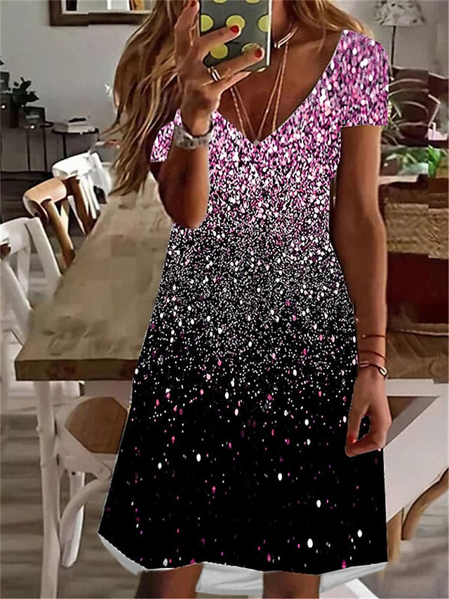 Women's Dress - Casual Dress T Shirt Dress Tee Dress Print Dress Mini Dress Pink Blue Purple Short Sleeve Color Gradient Print Summer Spring V Neck Fashion Summer Dress Loose Fit 2023 S M L XL XXL 3XL