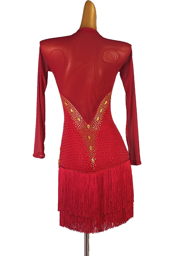 Latin Dance Dress Tassel Crystals / Rhinestones Women's Performance Long Sleeve Chinlon Mesh - LuckyFash™