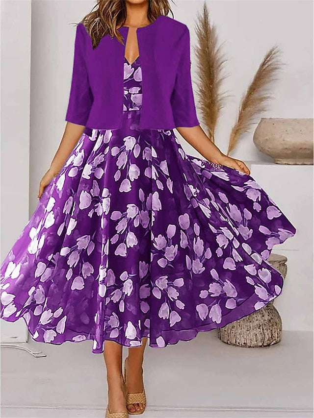 Women's Dress - Two Piece Dress Set Casual Dress Chiffon Dress Outdoor Daily Fashion Elegant Print Midi Dress V Neck Half Sleeve Floral Regular Fit Navy Blue Purple Green Summer Spring S M L XL XXL