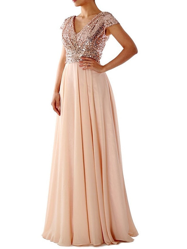 Women's Dress - Swing Dress Maxi long Dress Party Dress Light Blue Short Sleeve Pure Color V Neck Sequins Chiffon Evening Dress Ruched Patchwork Spring Summer Personalized Stylish Elegant Luxurious